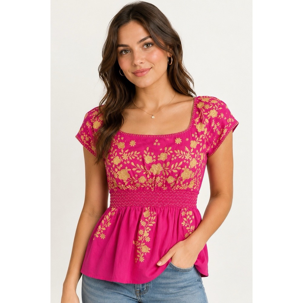 Savanna Jane Floral Embroidered Peasant Top S Smocked Babydoll Boho Cottage